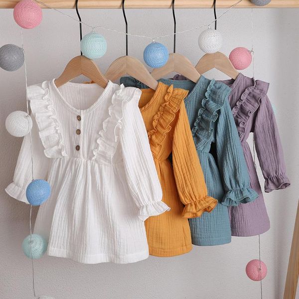 Abiti da ragazza Ragazza 0-5Y Baby Toddler Kids Autumn Dress Ruffles Manica lunga Solid Cotton Linen Party Casual Cute Children Clothes