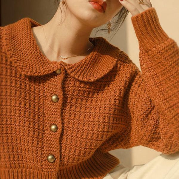 Cardigans Autumn Orange Crop Top Pullover Peter Pan Kragen Knopf Baggy Korean Fashion Strick Strickpullover Mantel Herbst Winter Frauen 2021