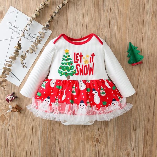 Kız Elbiseler Kızın Noel Bebek Romper Çocuklar Noel Baba Baskı Yuvarlak Boyun Bahar Sonbahar İçin Uzun Kollu Bodysuit 0-12 Ay