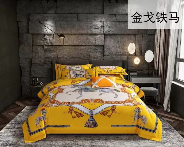 Markenbettwäsche Sets Luxus laufend goldener Pferd Satin Stickerei Ägyptische Baumwoll Bettbedeckungsbett Leinen ausgestattet Kissenwaren Bettwäsche König König Queen Size