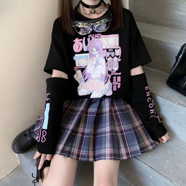 T-shirt T-shirt Anime giapponese T-shirt a maniche lunghe con cerniera rimozione Tee JK Ragazza abiti carini T-shirt in cotone Donna Harajuku Top stampati a fumetti