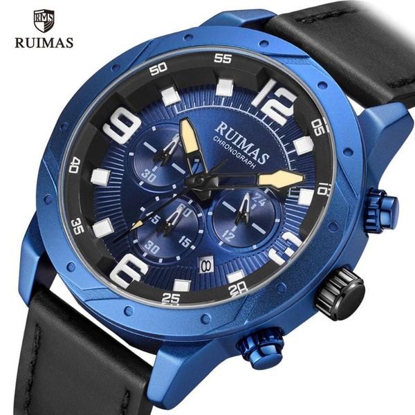 Relógios de pulso Ruimas Men's Leather Strap Cronógrafo Relógios luxuosos Blue Quartz Assista Man Water prova d'água Sportwatch Relloguios Masculino 595