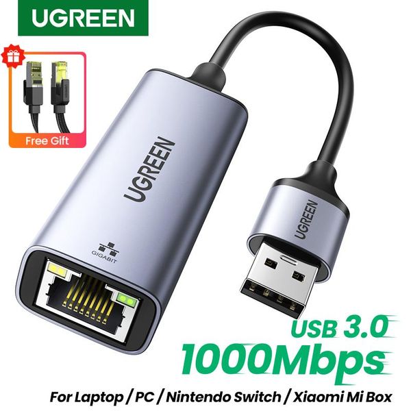 Cards Ugreen USB Ethernet Adaptador USB3.0 1000Mbps Card RJ45 de rede para laptop xiaomi mi box s nintendo switch pc internet USB lan