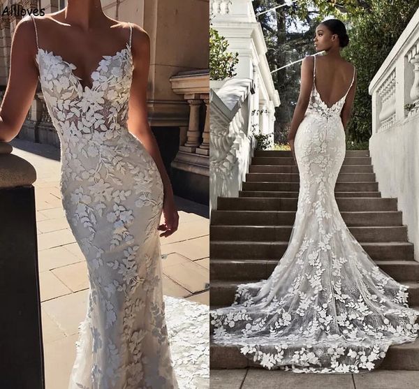 Abiti da sposa a sirena sexy con applicazioni di pizzo floreale senza spalline Abiti da sposa in stile country bohémien senza schienale Abiti da sposa da sposa Abiti da ricevimento nuziale CL2312