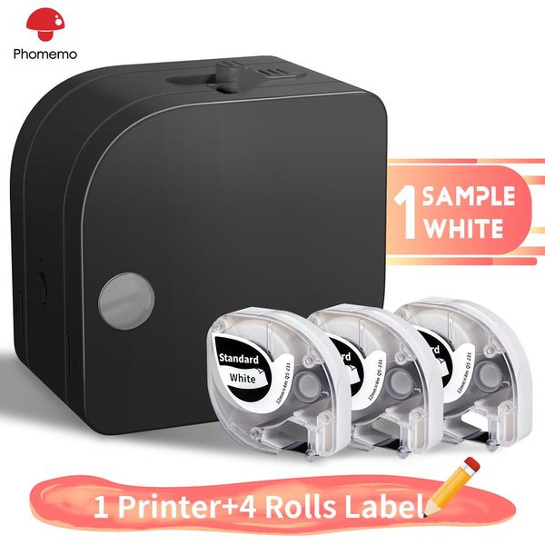 Impressora Phomemo Printer com 4 rolos de rolos de rótulos de impressão de transferência térmica para vários modelos de etiquetas funcionam por 6 baterias AAA