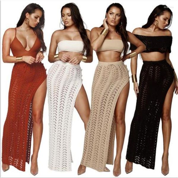 Damen-Bademode, sexy Sommer-Strand-Vertuschung, Sarong-Bikini, Wickel-Pareo-Strickrock, hoher Schlitz, langer Maxi-Badeanzug, häkeln, Badeanzug