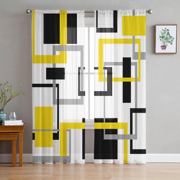 Cortina abstrata geométrica de tule amarelo preto Sheer para sala de estar cortinas de quarto de quarto de cozinha de cozinha organza decoração cortinas