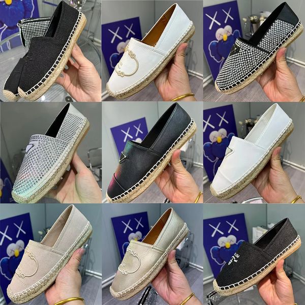 Yeni P Markalı Üçgen Kadınlar Sıradan Ayakkabılar Düz Espadriller Bling Kristal Kadın Bayanlar Balıkçı Ayakkabı Sandalet Yaz Metal Logosu Örgü Dokunma Tuval Ayakkabı 35-40