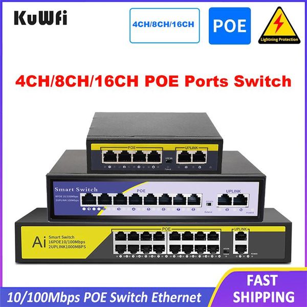 System Kuwfi 48V 4/8/16 Порты POE Switch Ethernet 10/100 Мбит/с IEEE 802.3 AF/AT для IP -камеры/Система камеры безопасности CCTV/беспроводной топливо