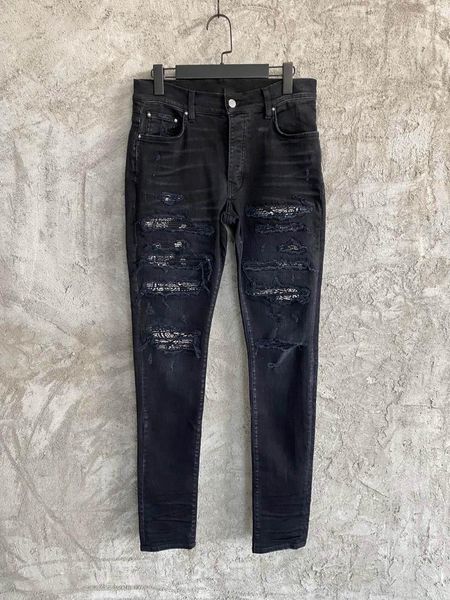 Jeans da uomo Jeans neri attillati skinny con toppa in tessuto Paisley elasticizzato da uomo