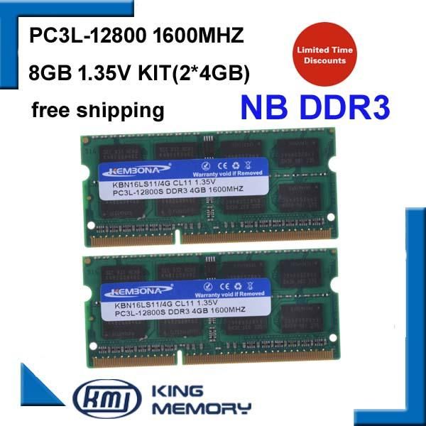 Rams Kembona Новый ноутбук Memoria Ram DDR3 8GB Комплект (2*4 ГБ) 12800S PC3L 1.35V Низкая мощность 1600 МГц 204PIN SODIMM Жизнь гарантия по жизни