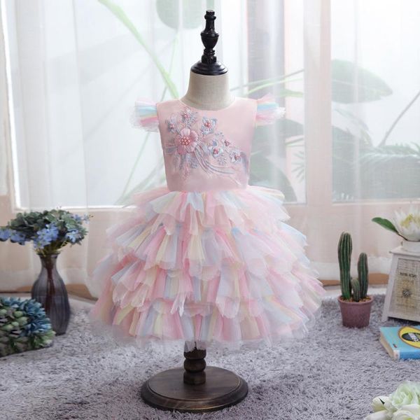 Mädchenkleider Mädchen Blumenmädchenkleid Illusion Perlen Stickerei Spitze Tüll O-Ausschnitt Knielang Luxus Rosa Kurz Schönes Kind Party Prinzessin