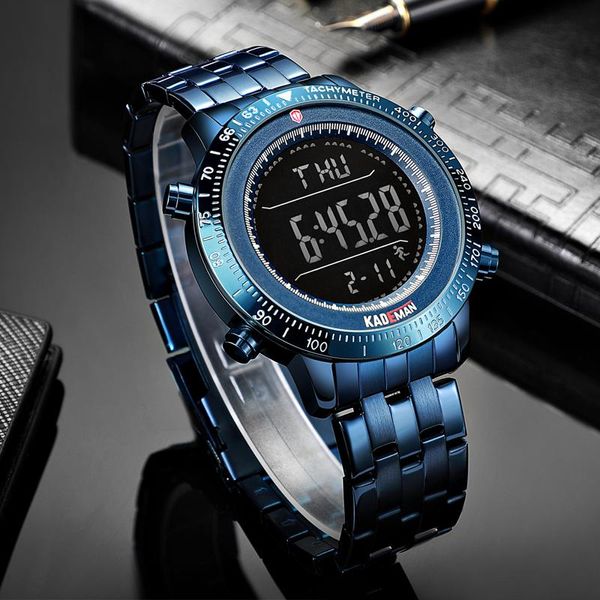 Relógios de pulso Top Luxury Mens Watches Tech Sport Step Counter Relógio digital Qualidade da marca 3ATM Full Steel LCD Relógio de pulso militar
