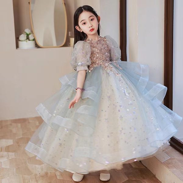 Vestido de flor de flores luxuoso Longa lantejoulas de lantejoulas 3D Flores Appqulies Vestido de bola Princesa Holy Fisrst Communion usa Ruffle Triered Sweet Train Birthday 403