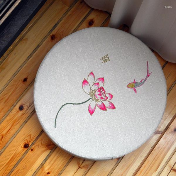 Cuscino Rotondo Lino Ricamato Loto Tatami / Meditazione Decorativo Per La Casa Rimovibile E Lavabile Sedile Multifunzione