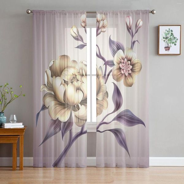 Cortina Flores Artes Artinas para a sala do quarto Organza Drapes decorativas Tulle Tulle