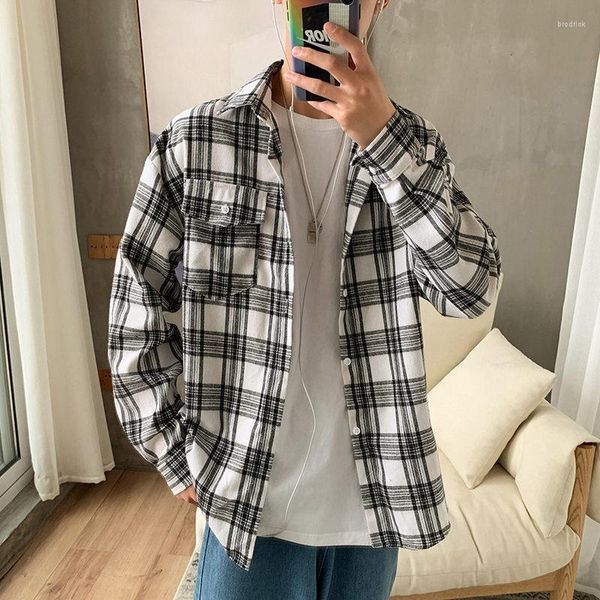 Herrenhemden Sommer Gitter Harajuku BF Wind Student Lässiges dünnes Hemd Revers Strickjacke Täglich Langarm Einfachheit Trend