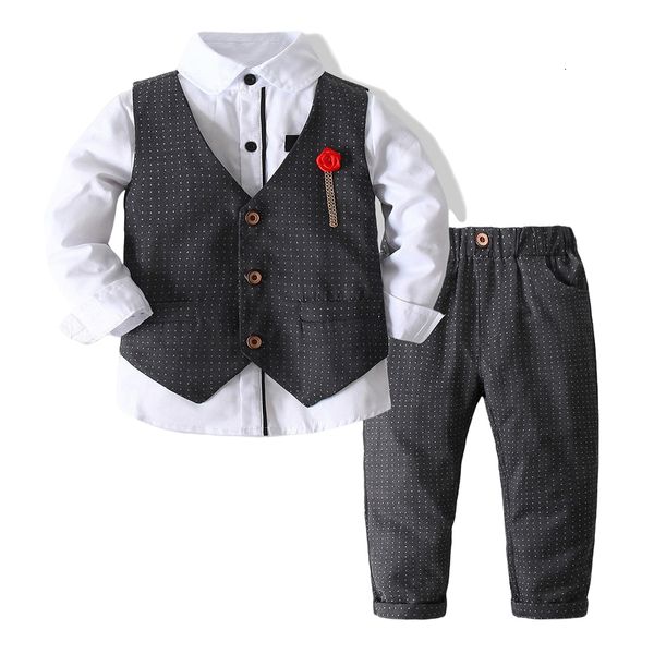 Ternos de outono garotos garotos roupas roupas roupas de manga comprida camisa brancawaistcoatpants formal 3pcs casamento de aniversário de vestido 2305526