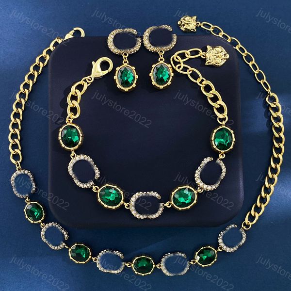 Bracciale rigido da donna con catena da uomo Collana di cristallo verde Set di gioielli firmati Catene spesse in oro Orecchini con diamanti a maglie G Smalto Hip Hop con scatola