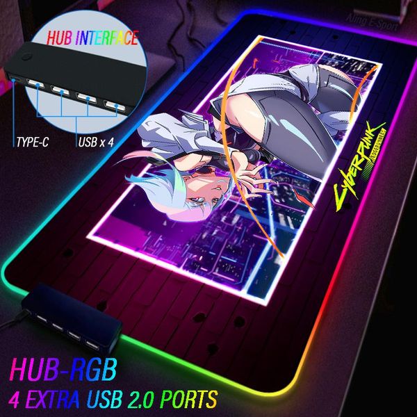 Descansa Professional NCPD Edgerunners Gaming RGB Luminoso Mouse Pad Personalizado Lucy Rebecca Superfície Suave Tipo C Hub 4 em 1 USB PC Tapete de mesa