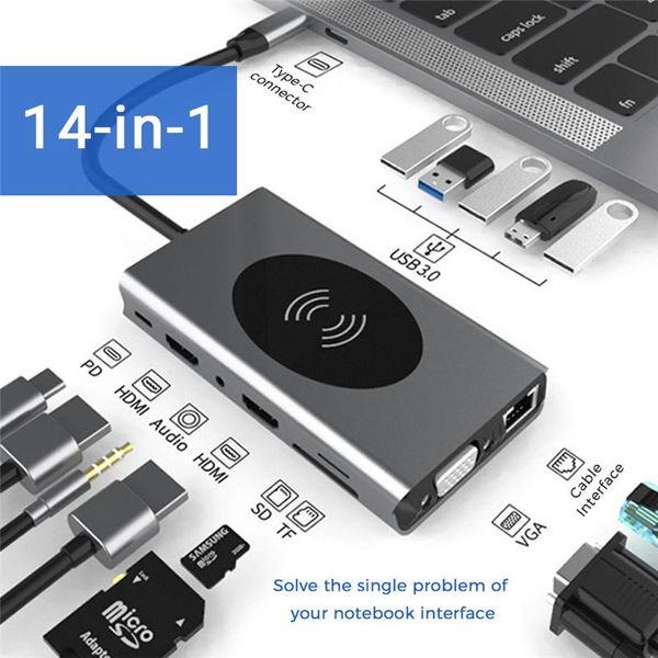 Estações USB C Hub 14/15 em 1 Adaptador da estação de aço