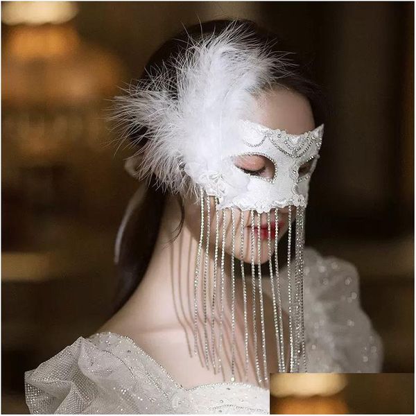 Máscara de festa mj0017 mascarada bola branca penas renda de penas princesa olho meio rosto