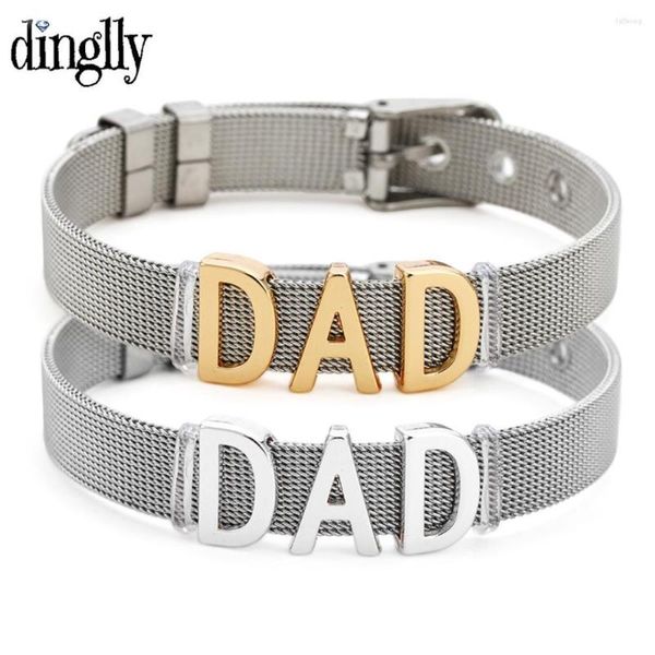 Braccialetti con ciondoli DINGLLY Lettera DAD in lega color oro per uomo Bracciale in maglia di acciaio inossidabile Regalo per la festa del papà