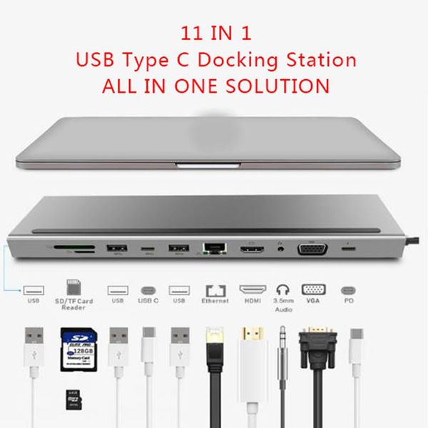 Stazioni 11 in 1 USB Tipo C Hub Adattatore Docking Station VGA RJ45 PD per MacBook HP Lenovo Surface compatibile Thunderbolt 3