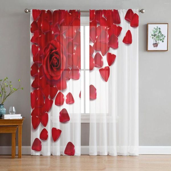 Cortina de cortina de rosa vermelha planta branca chiffon cortinas pura para a sala de estar com decoração home decoração janelas de tule tule cortinas