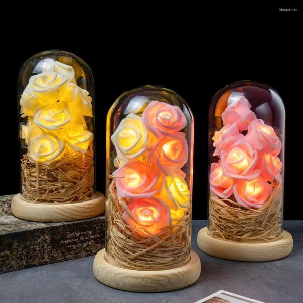 Flores decorativas Eternal Flower Glass Cover Box Box Dia dos Namorados Lâmpada de Christmas Base de madeira com LED Light Home Decor Wedding