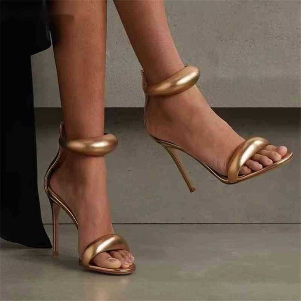 Sandal One ремешок женщины сандалии сексуальные золотые шпильки на каблуках на молнии на молнии. Женская дизайнерская обувь роскошные летни