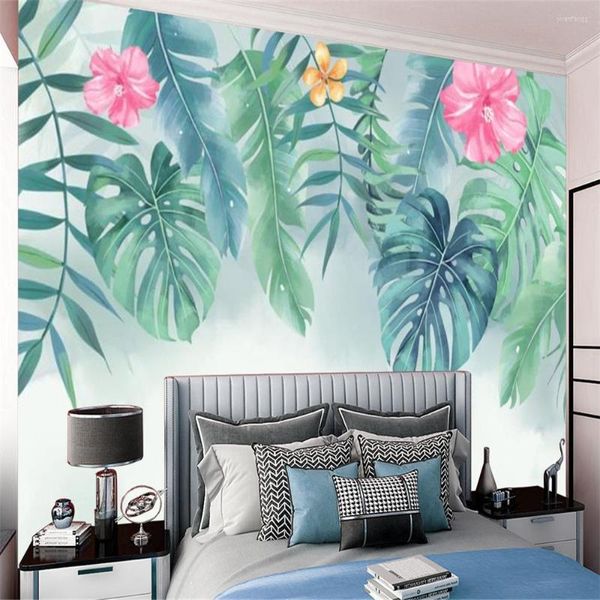 Papéis de parede European 3d Cobertão de parede papel verde folhas grandes e lindas flores decoração de casa sala de estar mural