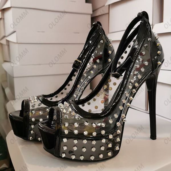 Olomm Handmade Women Platform Platform Sexy Sexy Stiletto Heels Peep Peep Toe Black Night Club Shoes Ladies Plus US 5-20