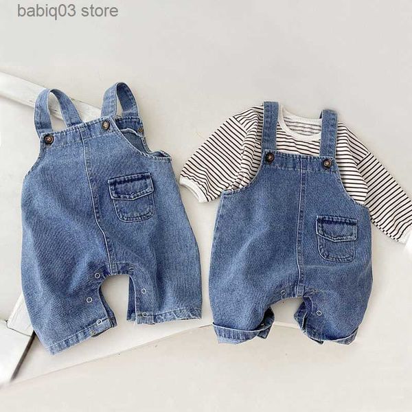 Pagliaccetti Tuta da neonato Abbigliamento Neonato Ragazzo e ragazza Camicia a righe Blu Denim Autunno Primavera Baby Tuta T230529