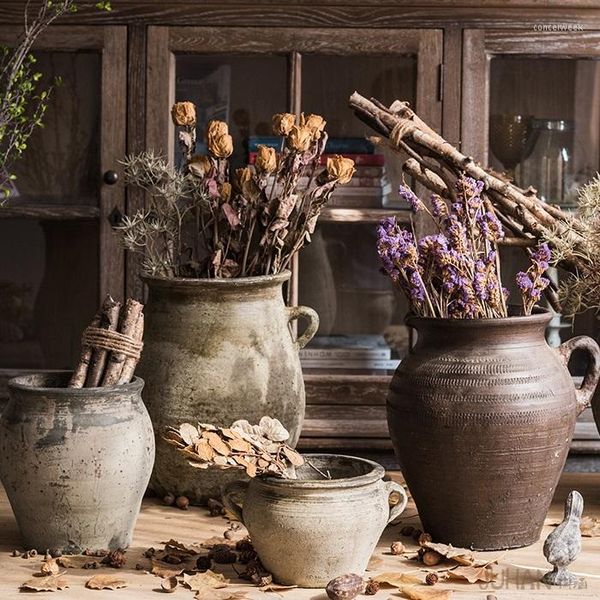 Vasen, roher Keramiktopf, Blumenvase und Sukkulenten-Retro-Antik-großes Boden-Keramikbecken-irdenes Glas