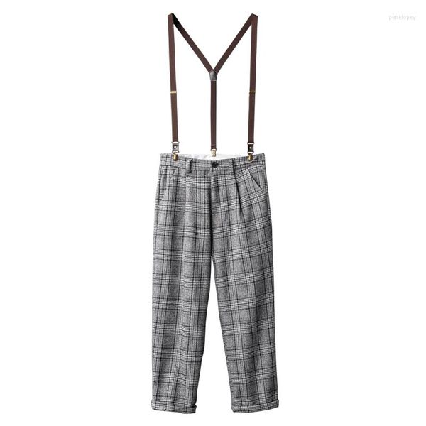 Calças masculinas 2023 Retro Plaid Casual Men Corean Version de suspensórios e calças de macacão de mulheres