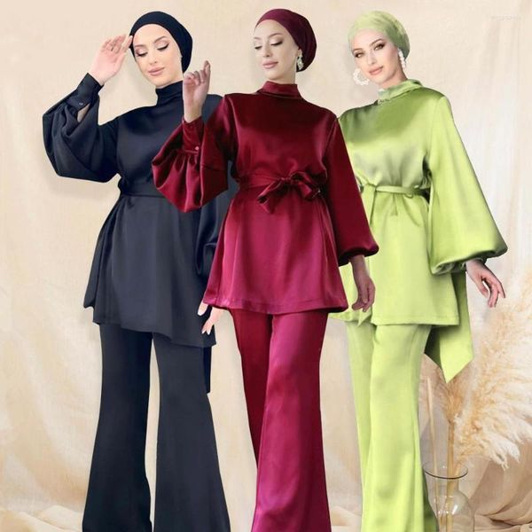 Abbigliamento etnico Set da 2 pezzi Abayas Donna Plain Satin Islamico con cintura Top Pantaloni lunghi Set Ramadan Eid Abito musulmano Dubai Abiti turchi