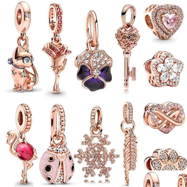 Charms Rose Gold Serisi 925 Sterling Sier Flamingo Cat Flower Shangle Charm Boncuk Fit Orijinal Pandora Bilezik Diy Takı Drop Deliv Dhlks