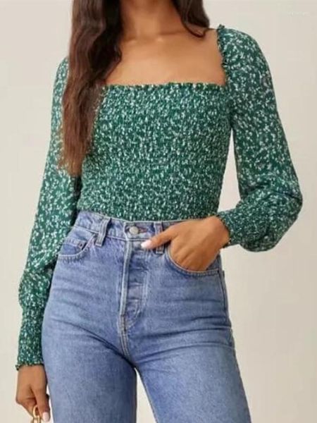 Blusas Femininas Retro Estilo Francês Verde Floral Print Crop Shirt Espartilho Feminino Sexy Decote Quadrado Elástico Corpo Pregueado Blusa Slim Fit Verão