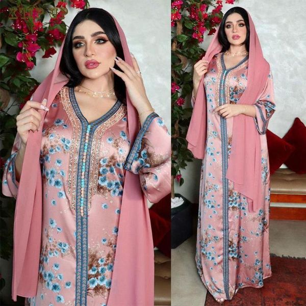 Abbigliamento etnico Caftano Marocchino Primavera E Autunno Diamante Rosa Medio Oriente Moda Musulmana Stampa Abito Islamico Jilbab Femme Musulman