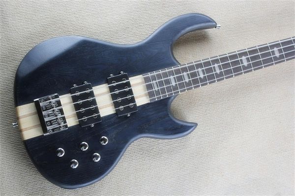 Mattschwarzer E-Bass mit 4 Saiten, einteiliger Hals und Eschenkorpus, 9-V-Batterie, aktiver Tonabnehmer, Griffbrett aus Palisander, verchromte Hardware