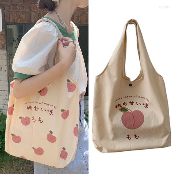 Abendtaschen Süße süße Pfirsich-Druck-Leinwandtasche Designer-Handtasche Japanische Frauen Öko-Schulterästhetik für Schulmädchen Geldbörsen Shopper