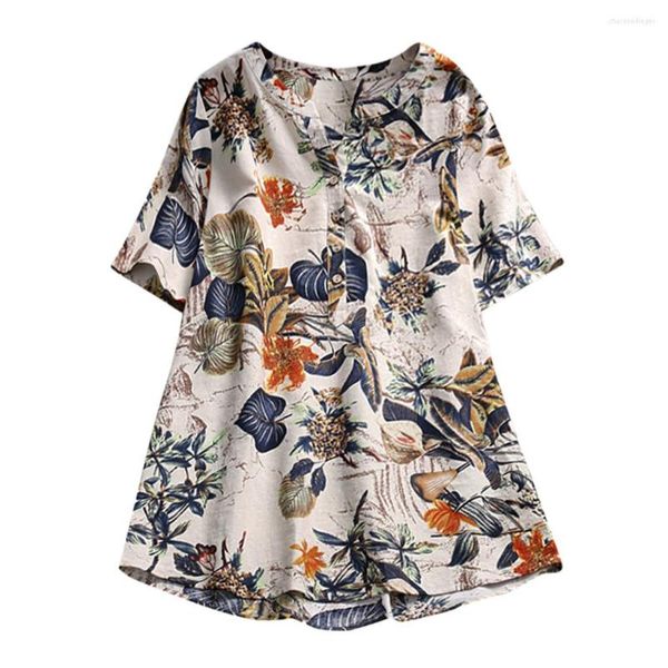 Botão de treino feminino feminino Botão de linho casual camisa vintage boho floral blusa solta pjama tee