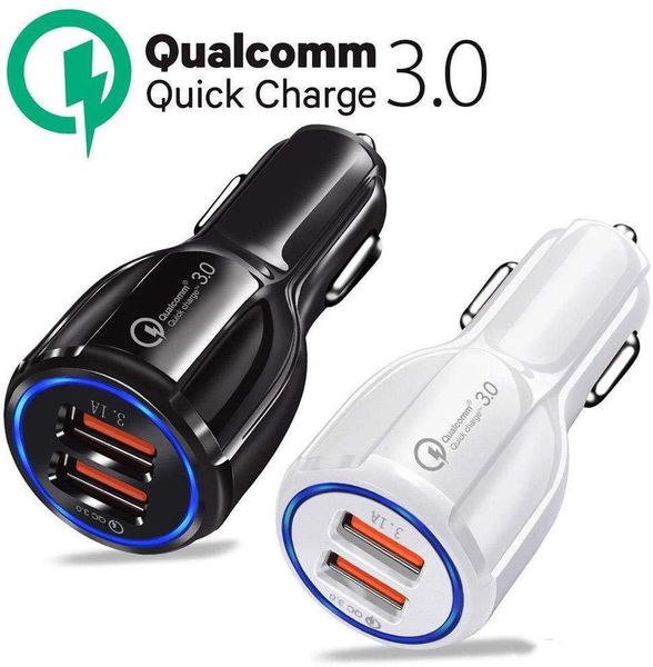 QC3.0 Schnelles Autoladegerät mit zwei Anschlüssen, 3,1 A, LED-Licht, USB-Netzteil für iPhone 14, 13, 12, Samsung, iPad, Smartphone, Huawei