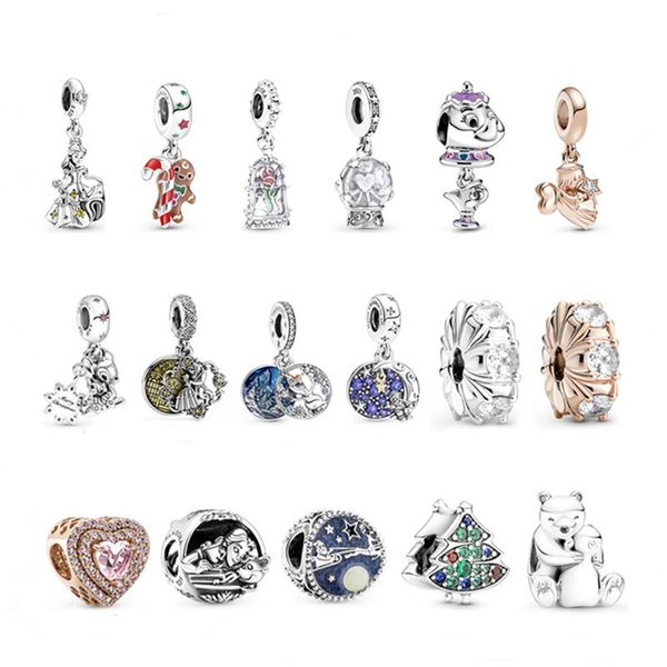 925 Pfund Silber New Fashion Charm Original runde Perlen, Schöne und Biest, Belle-Perlen, Silber-Teekanne, Frau-Hängeteile, kompatibles Pandora-Armband, Perlen