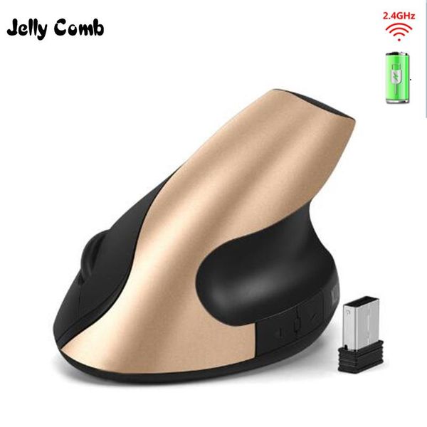 Mouse Jelly Comb Recarregável Ergonomia Mouse 2.4G Sem Fio Vertical 6 Botões 1600DPI Ajustar Bateria Mouse para Laptop PC Preto Ouro