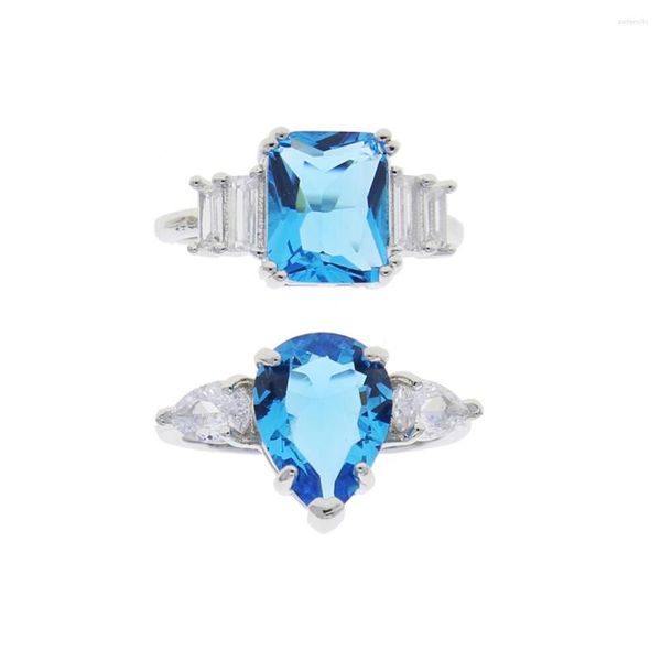 Cluster-Ringe Birnenform Akzentstein Silber Farbe Quadratischer Schnitt Blau CZ Band Hochzeit Engagment 5A Tropfenring für Frauen Schmuck