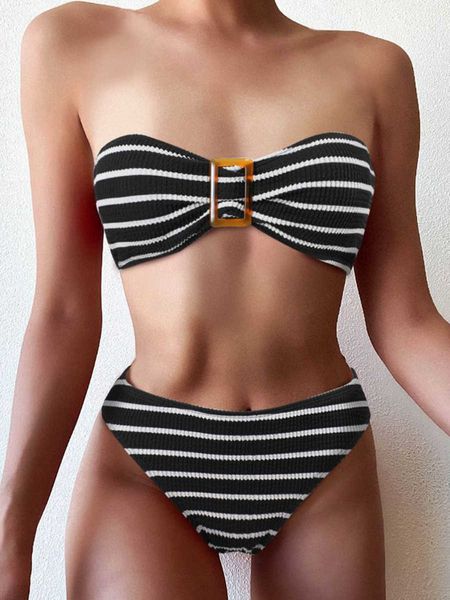 Schwimmen Tragen Gestreifte Strukturierte Bandeau Bikinis 2023 Frauen Sexy Badeanzug Push Up Bademode Fa Badeanzug Schwimmen Sommer Beachwear AA230529