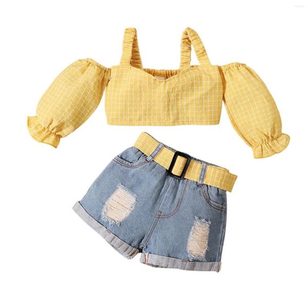 Completi di abbigliamento 1-5T Moda Estate Bambini Neonate Vestiti Set Giallo con spalle scoperte Manicotto a sbuffo Crop Top Pantaloncini di jeans strappati