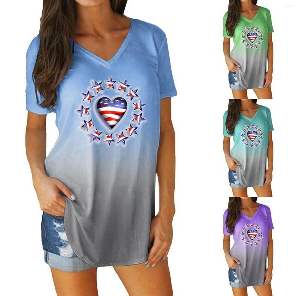 Blouses feminina Camisa feminina para o Dia da Independência Americana 4 de julho Impresso V pescoço camisa de manga curta Button Pullover Tops Roupas